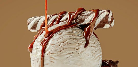Ice Cream with Caramel Drizzle & Brownie Base